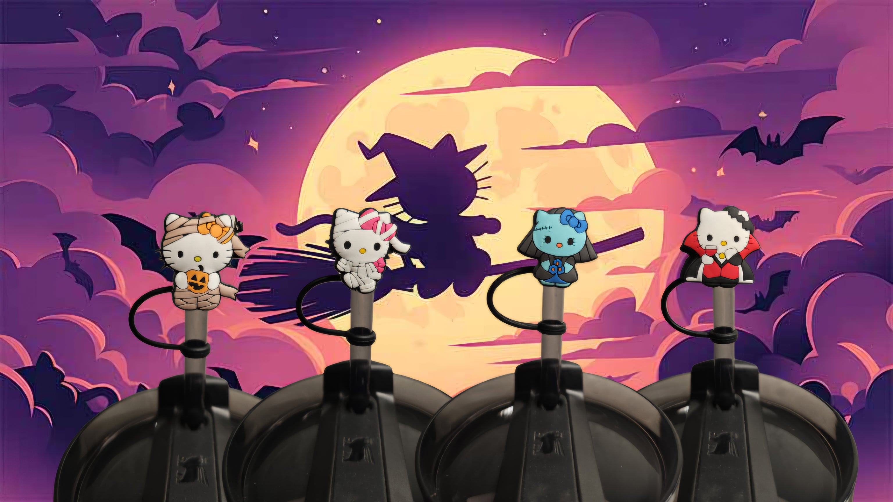 Hello Kitty Spooky Straw Toppers. 10mm Straw Opening. 4 Pack.