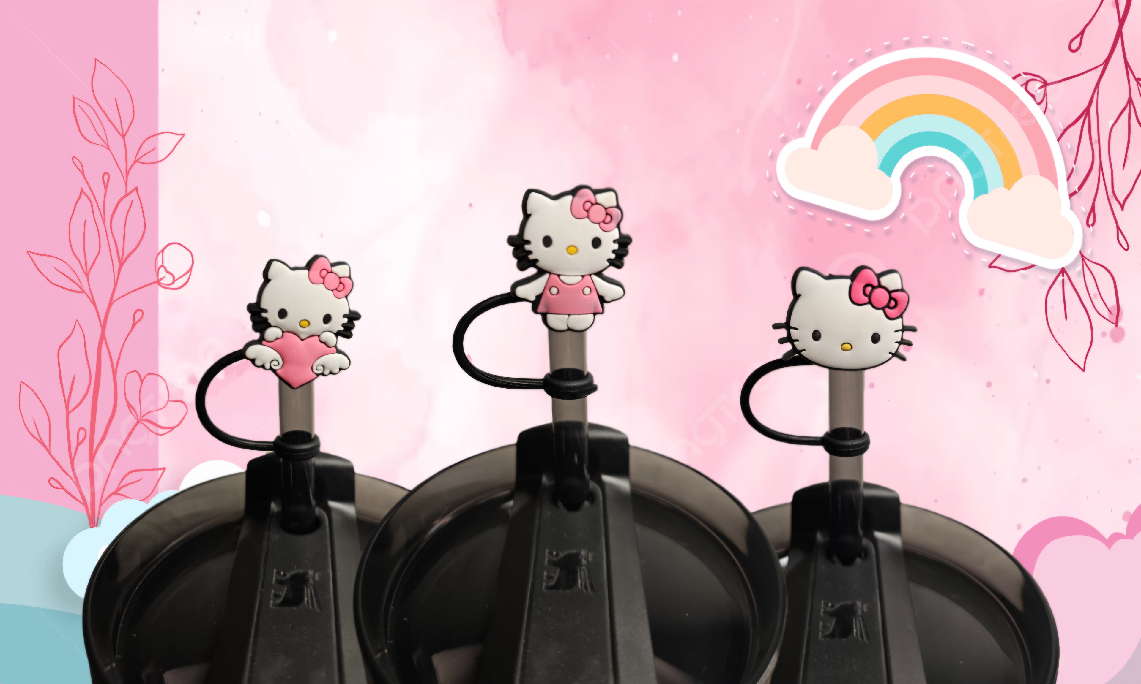 Hello Kitty Kawaii Straw Toppers. 10mm Straw Opening. 3 Pack.