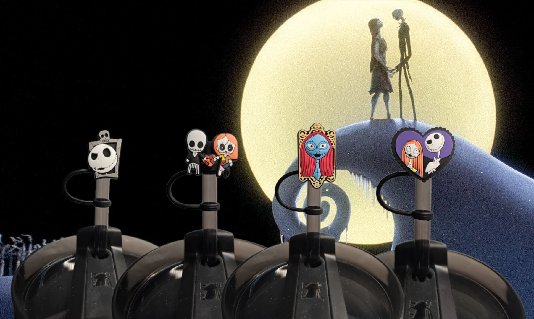 The Nightmare Before Christmas Straw Toppers. 10mm Straw Opening. 4 Pack.