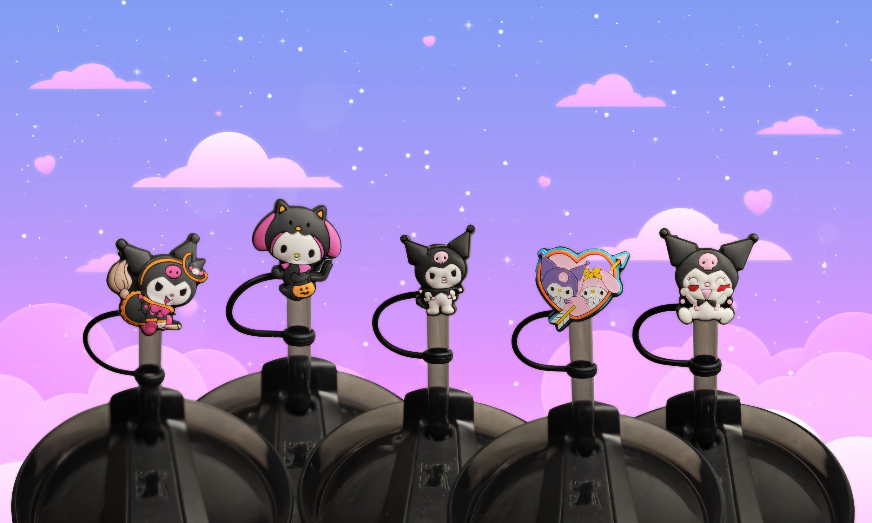 Kuromi Kawaii Straw Toppers. 10mm Straw Opening. 5 Pack.